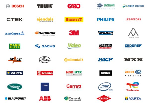Uppställning med ett stort antal logotyper mot vit bakgrund. 