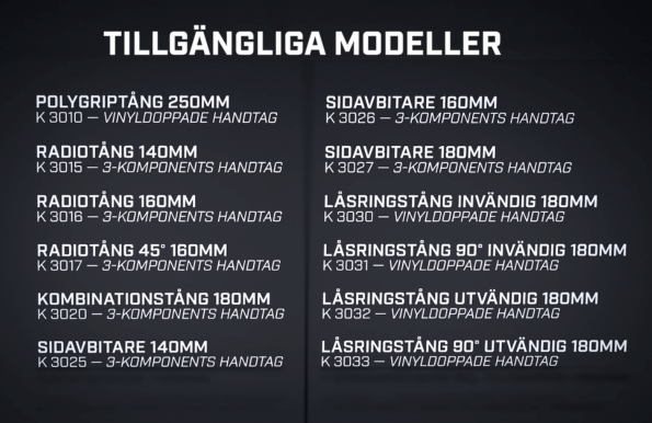 Översiktslista för Kamasa Tools tänger 